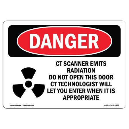 SIGNMISSION OSHA Danger Sign, CT Scanner Emits Radiation Do, 7in X 5in Decal, 7" W, 5" H, Landscape OS-DS-D-57-L-2465